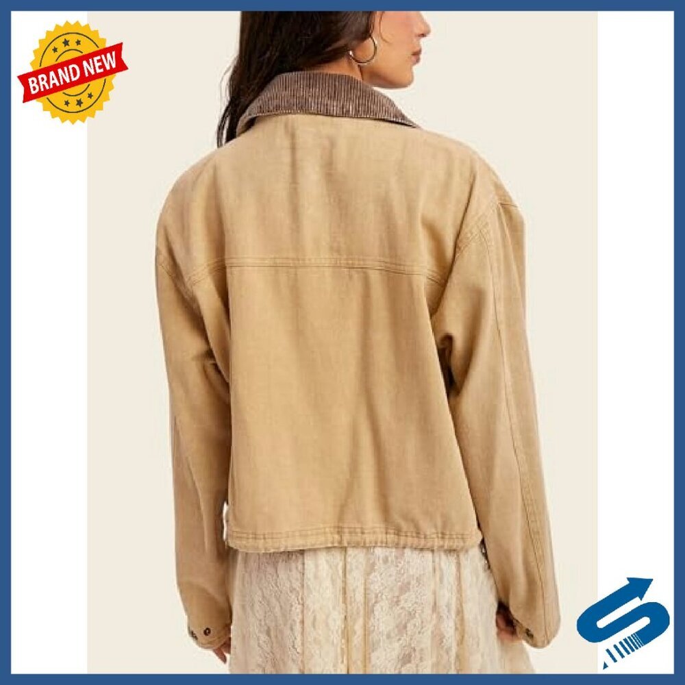 Cropped Button Down Jacket with Corduroy Lapel Pockets Long Sleeve - Picture 3 of 8